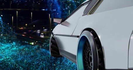 Fototapeta premium Showing white sports car rear quarter gleaming on urban overpass, with teal-blue rim, flared fender