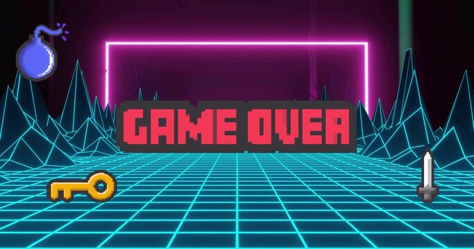 Showing pixel red GAME OVER text occupying cyan grid and mountains, magenta frame, bomb-key-sword