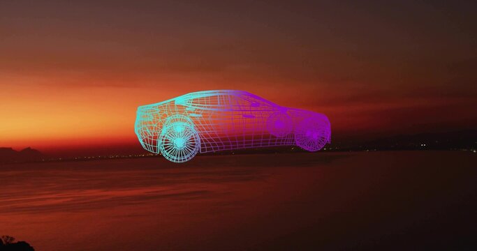 Levitating neon wireframe car hovering above calm coastal water at sunset, showing distant lights