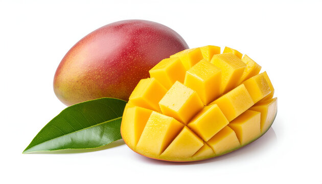Ripe mango with cubed half and green leaves isolated.