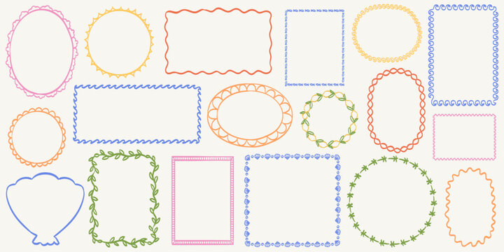 Doodle coastal frame set. Hand drawn colorful border collection. Minimal square, circle and rectangle shapes. Elegant Mediterranean italian sea theme empty banner, poster, placard, postal stamp decor.