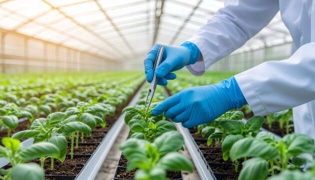 Agronomist inspecting basil seedlings with tweezers in modern greenhouse.