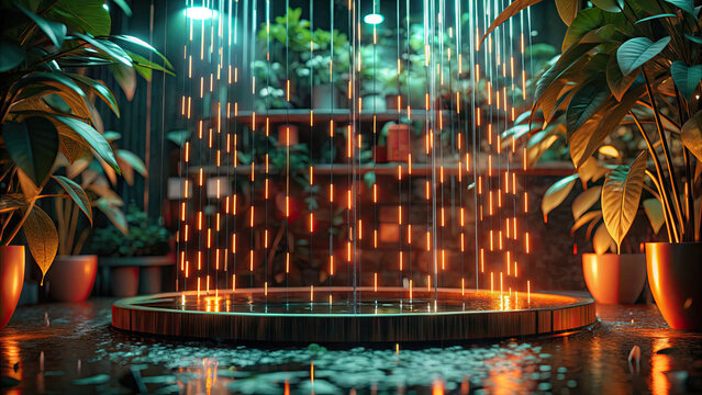 Dark rainy night with heavy rain cascade concept. A serene indoor garden with plants and glowing water droplets.