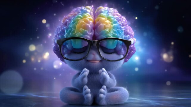 Mindful creature meditating with a vibrant rainbow brain, wearing glasses, symbolizing mental well-being, inner peace, cognitive balance, and spiritual enlightenment