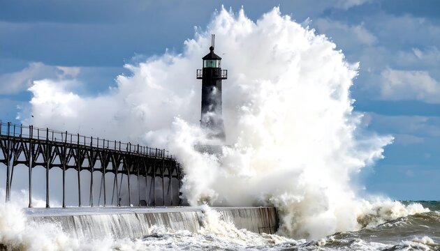 Powerful waves crash against a lighthouse on a pier