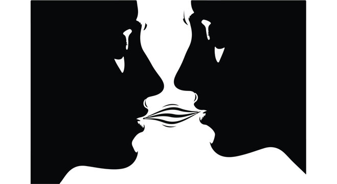 Optical illusion of two faces in profile creating a kissing mouth in the center