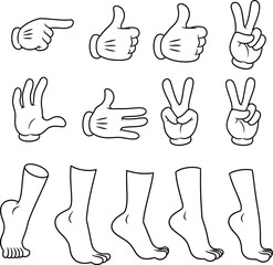 Fototapeta premium Cartoon hands and feet gestures vector set with thumb up with line art