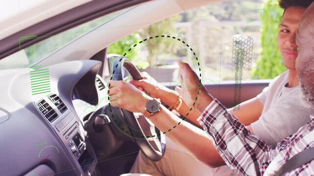 Senior guiding driver in driving lesson, driver keeping hands on wheel while HUD showing steering