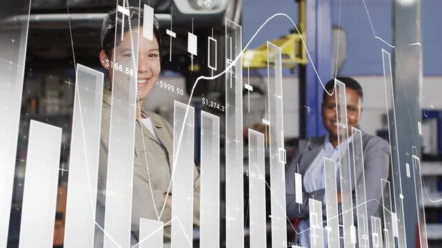 Two women standing in auto shop smiling as animated charts appearing and sliding showing shop stats