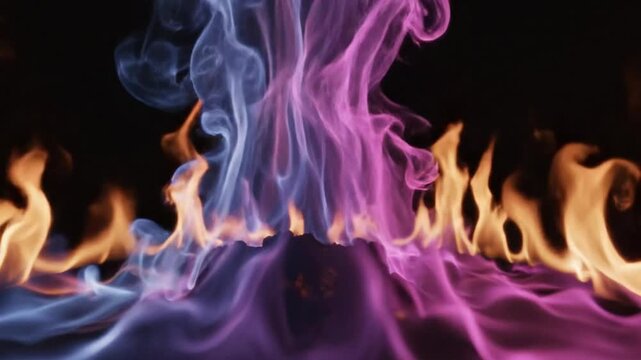 Abstract slow motion flames of vibrant colors dancing against a stark black background for artistic visuals