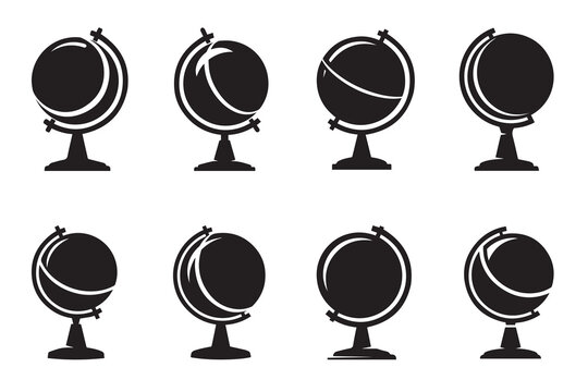 Set of eight globe icons in silhouette each on a stand with meridian rings silhouette meridian education geography navigation collection