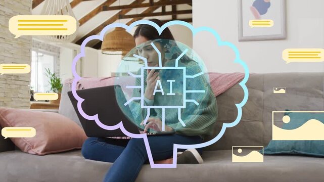 Female remote worker typing on laptop and activating teal bubble with AI chip suggesting content