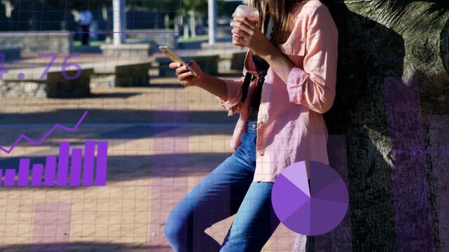 Woman leaning against tree tapping phone and activating animated purple charts analyzing urban data
