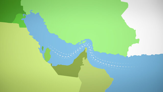 Clean vector style map illustrating maritime routes through the Strait of Hormuz, showing curved shipping lanes across the Persian Gulf between Iran, UAE and Oman in a simplified infographic design.