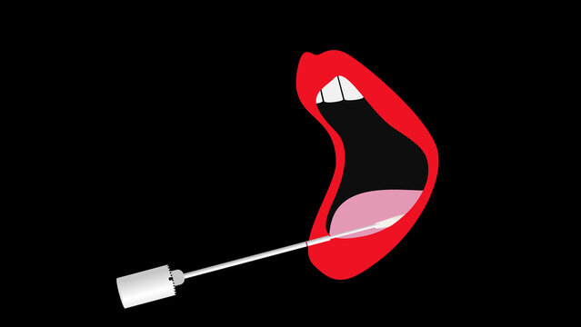 Abstract illustration of open mouth with swab collecting saliva sample, representing DNA testing, medical diagnostics, donor screening and laboratory analysis procedures in healthcare environment.