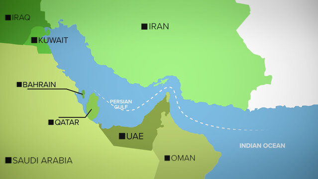 Detailed map highlighting the Persian Gulf and surrounding countries with labeled regions and borders, focusing on the Strait of Hormuz as a key global shipping and geopolitical hotspot.