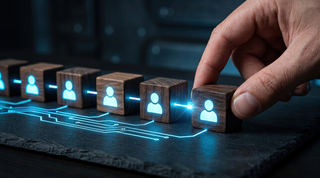 Concept of human resources management and team building with wooden cubes and digital connection