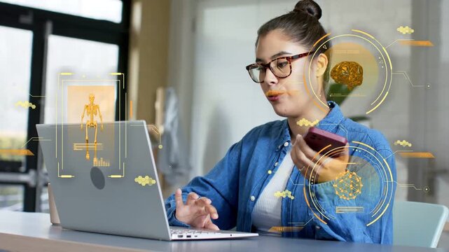 Woman lifting phone, speaking and typing, orange AR skeleton and brain HUDs guiding health analysis