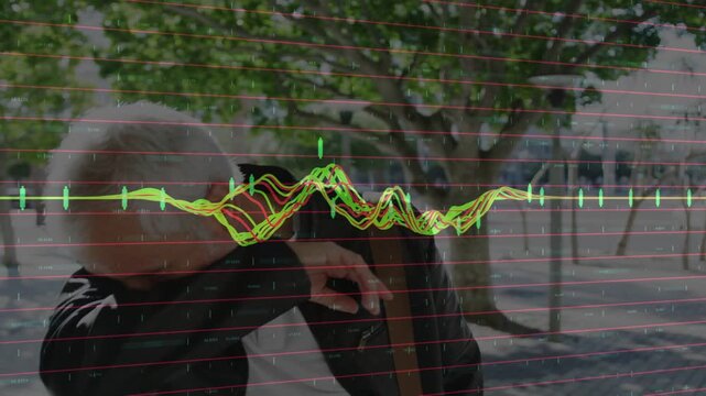 Mature man walking adjusting shoulder strap, shielding face, causing waveform peaks for health