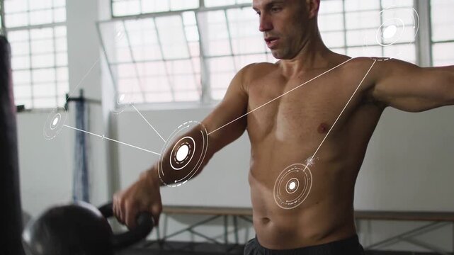 Man driving hips forward, swinging kettlebell, fitness HUD tracking joints for form, camera rising