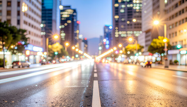 Ground level city avenue at dusk with motion blur lights and modern skyscrapers.