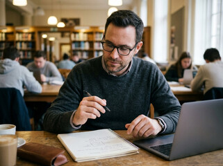Fototapeta premium Man with glasses intently writing notes in library while using laptop
