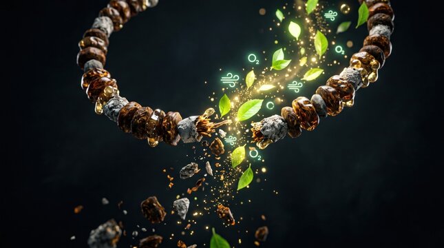 Abstract illustration of a DNA strand with leaves and glowing particles