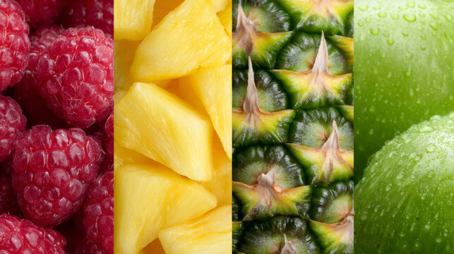 A vibrant vertical collage featuring close-up textures of fresh raspberries, sliced pineapple, pineapple skin, and green apples with water droplets.