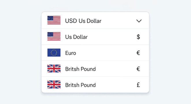 A person views currency conversion options on a dropdown menu.