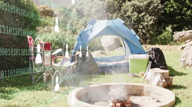 Tent and fire pit zooming, overlay emerging from left triggered by data feed showing binary digits