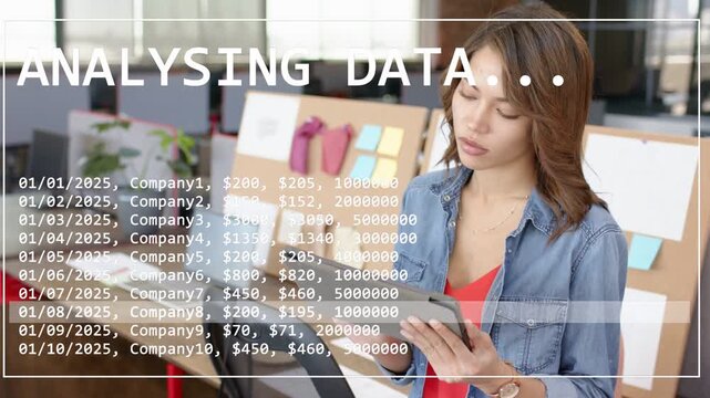 Female analyst noticing red marker, tapping tablet and scrolling while monitoring ANALYSING DATA