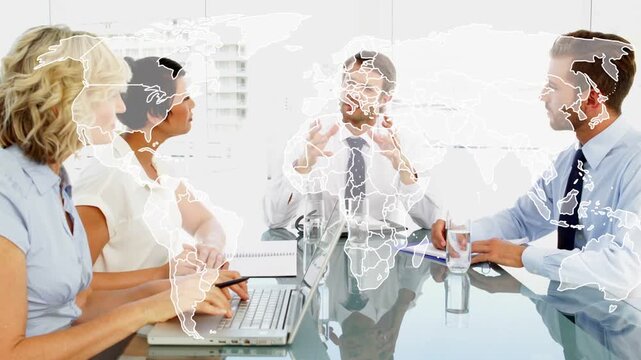 Central male gesturing, driving map overlay shifting over table business team noting next steps