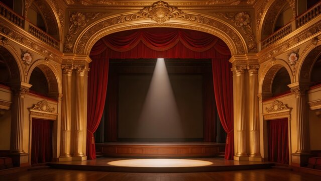 Ornate theater stage with red curtains