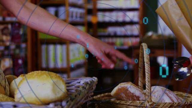 Woman reaching bakery counter selecting roll, binary overlay floating, attendant bagging with tongs