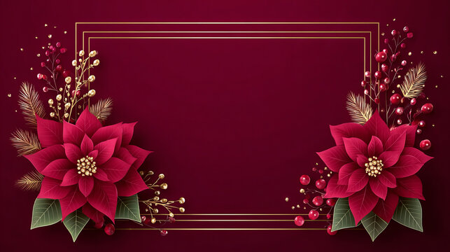 Festive red poinsettias and gold berries adorn the corners of a gold-lined rectangular frame. The elegant composition sits on a deep burgundy background with subtle sparkling accents.