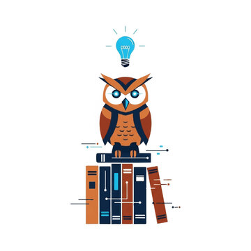 An owl wearing glasses sits on stacked books under a lightbulb.