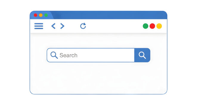 A browser window displays a search bar with a magnifying glass on a transparent background.