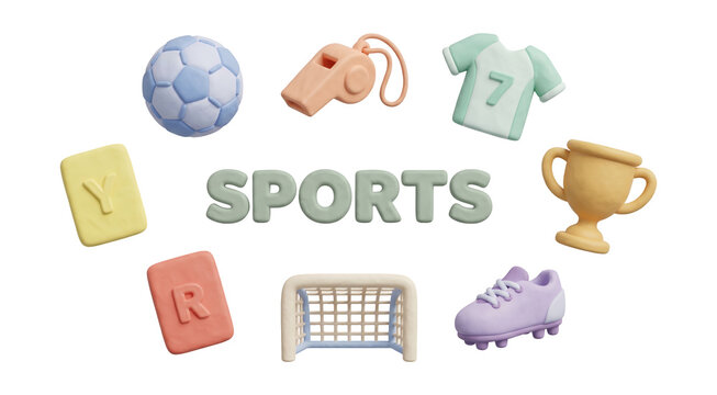 Chunky 3D clay soccer and sports equipment set featuring a centered SPORTS subtitle on white background