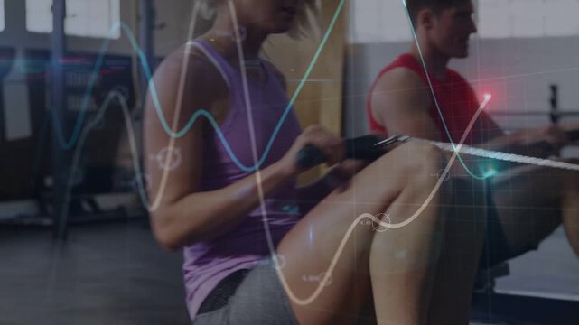 Female rower initiating pull, male rower matching rhythm, waveform and glow dots tracking fitness