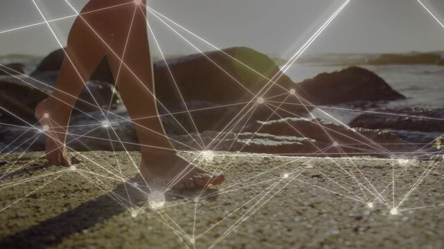 Weight shift initiating lower legs and bare feet stepping over pebbles, overlay mapping motion