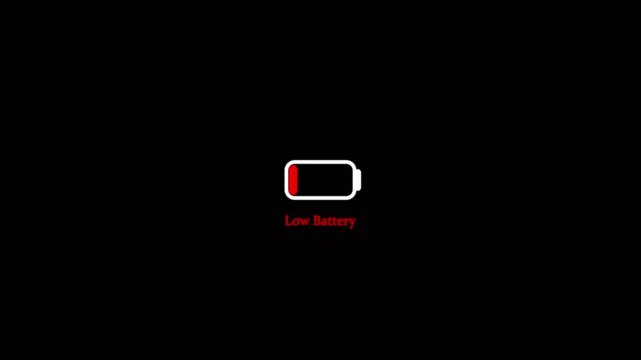 Animation featuring a battery low text icon on a black background.