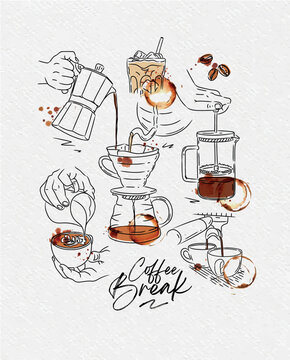 Coffee break poster with illustrated french press, cappuccino, espresso, americano, ice latte, beans, drip hot drink silhouettes drawing in graphic art style on grey background