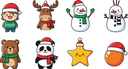 Obraz premium Christmas Character Set with Snowman, Moose, Bear, Panda, Star, and Holiday Decorations in Santa Hats