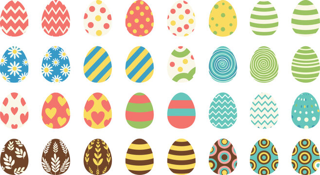 Easter egg pattern collection icon set featuring colorful decorated eggs with floral, striped, dotted, and abstract designs for spring holiday celebration