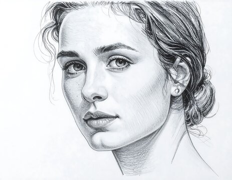 Pencil sketch of a young woman's face with hair pinned back, looking at the viewer