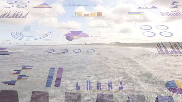Ocean surface with translucent HUD pulsing while waves passing, showing live coastal metrics
