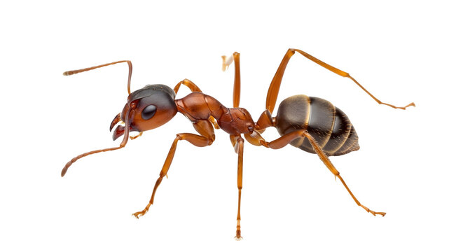 A large ant with a transparent background stands on six legs.