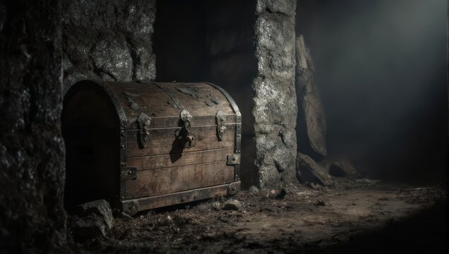 Mysterious Treasure Chest in Dark Cave, Ancient Relic Discovery.