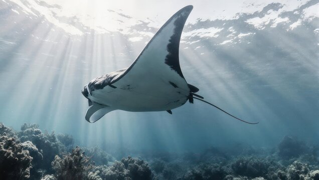Majestic Manta Ray Glides Through Sunlit Ocean Depths.