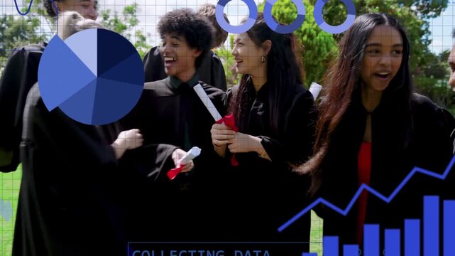 Graduates huddling on lawn after blue chart overlays appearing swapping diplomas celebrating grad